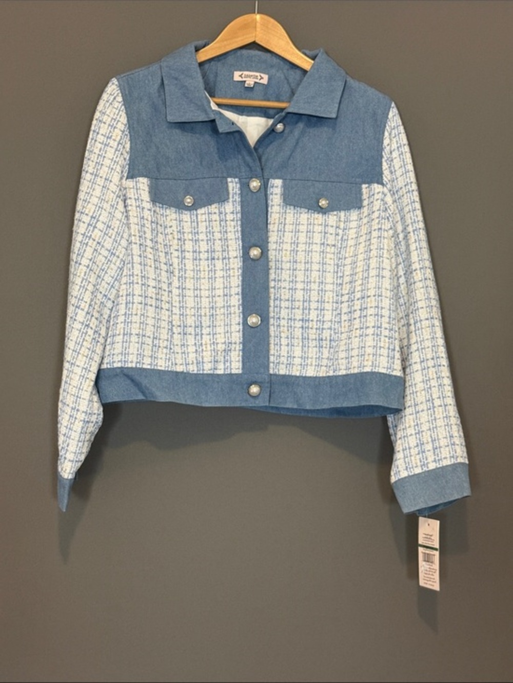 Nanette Lepore Denim Trim Bouclé Tweed Jacket Blue White Women’s Large
